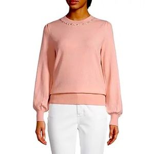 Liz Claiborne Womens Crew Neck Embellished Long Sleeve Pullover Sweater PXS